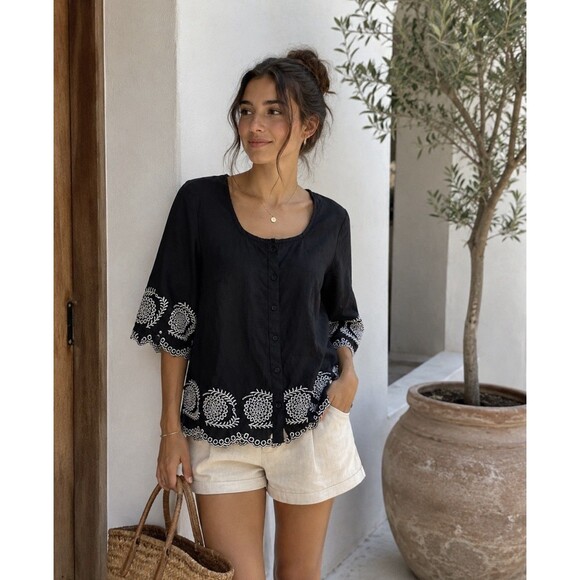 Ecologie Tops - Ecologie Black 100% Linen Blouse, Size M, with White Embroidery and 3/4 Sleeve
